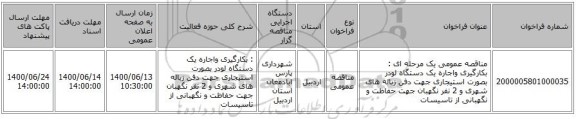مناقصه عمومی یک مرحله ای : بکارگیری  واجاره یک دستگاه لودر بصورت استیجاری جهت دفن زباله های شهری و 2 نفر نگهبان جهت حفاظت و نگهبانی از تاسیسات  