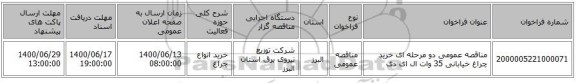 مناقصه عمومی دو مرحله ای خرید چراغ خیابانی 35 وات ال ای دی