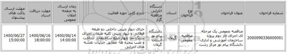 مناقصه عمومی یک مرحله ای اجرای فاز دوم پروژه ساختمان آموزشی و اداری دانشگاه پیام نور مرکز رشت