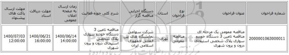 مناقصه عمومی یک مرحله ای مناقصه تامین 3 دستگاه خودرو سواری پلاک شخصی استیجای درون و برون شهری 