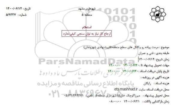 استعلام مرمت پیاده رو وکانال های سطح منطقه