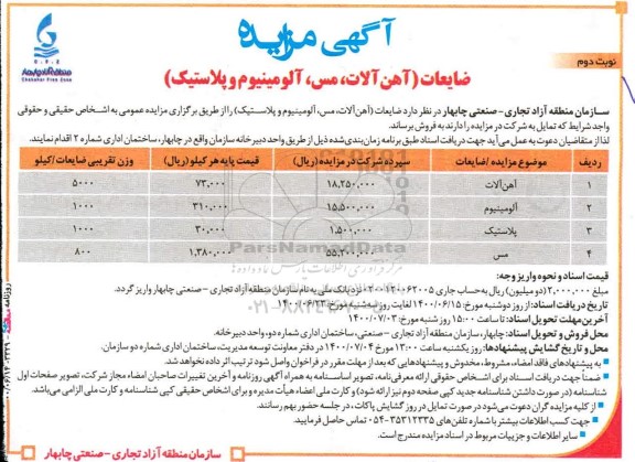 مزایده ضایعات (آهن آلات، مس ...)  نوبت دوم