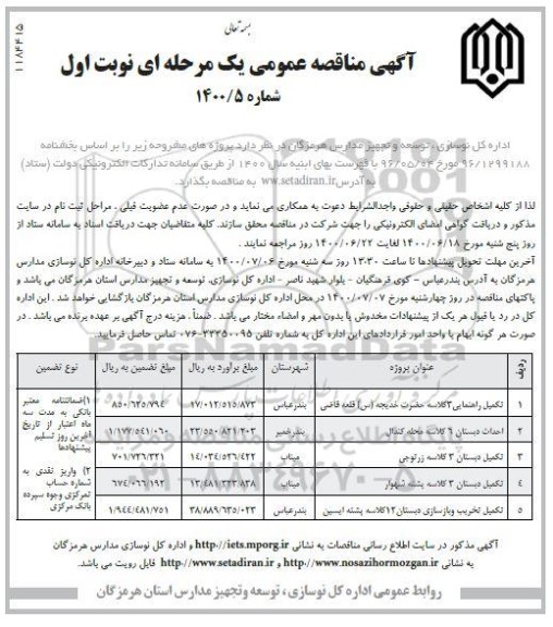 مناقصه تکمیل راهنمایی 3 کلاسه ...