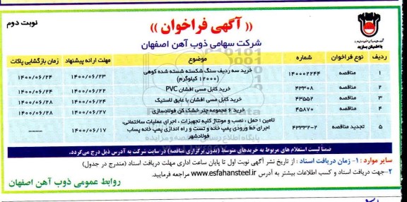 مناقصه خرید سه ردیف سنگ شکسته شسته شده کوهی ... نوبت دوم 