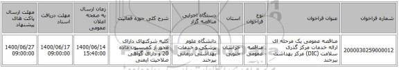 مناقصه عمومی یک مرحله ای ارائه خدمات مرکز گذری سلامت (DIC) مرکز بهداشت بیرجند 