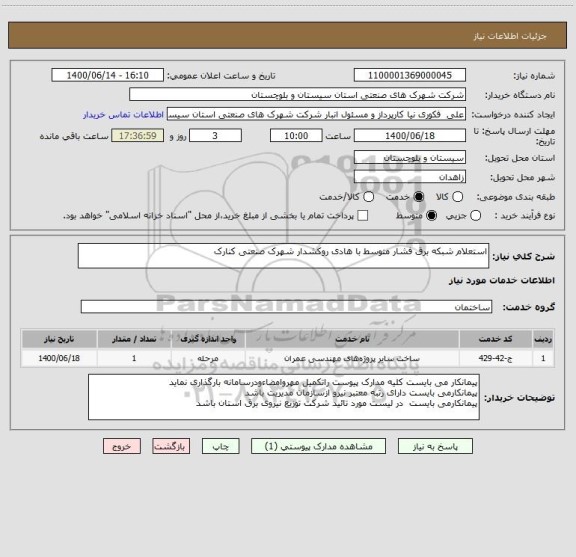 استعلام استعلام شبکه برق فشار متوسط با هادی روکشدار شهرک صنعتی کنارک