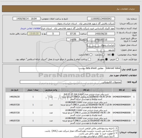 استعلام Solenoid Valve   مطابق data sheet پیوست 
