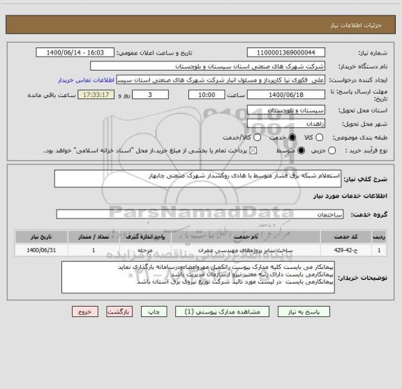 استعلام استعلام شبکه برق فشار متوسط با هادی روکشدار شهرک صنعتی چابهار