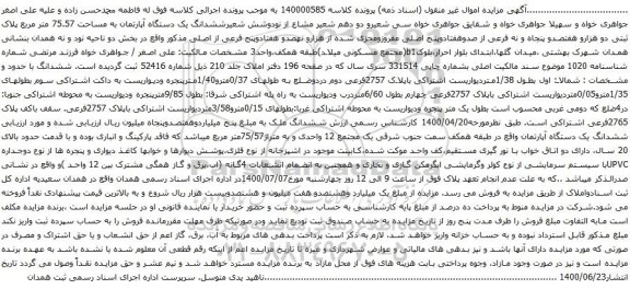آگهی مزایده ششدانگ یک دستگاه آپارتمان به مساحت 75.57 متر مربع پلاک ثبتی دو هزارو هفتصدو پنجاه و نه فرعی از صدوهفتادوپنج اصلی