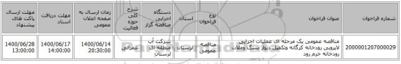 مناقصه عمومی یک مرحله ای عملیات اجرایی لایروبی رودخانه کرگانه وتکمیل دیوار سنگ وملات رودخانه خرم رود