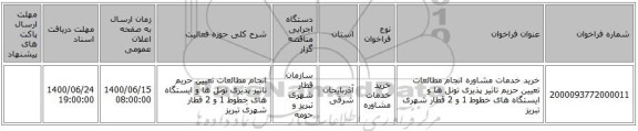 خرید خدمات مشاوره  انجام مطالعات تعیین حریم تاثیر پذیری تونل ها و ایستگاه های خطوط 1 و 2 قطار شهری تبریز