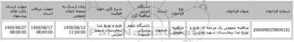 مناقصه عمومی یک مرحله ای طبخ و توزیع غذا بیمارستان شهید مدرس