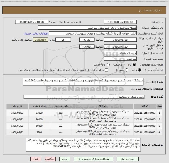 استعلام سرنگ5 mlتعداد13هزار عددو سرنگ2تعداد20هزارعدد و سرنگ10تعداد10هزار عدد و سرنگ20تعداد2500عدد