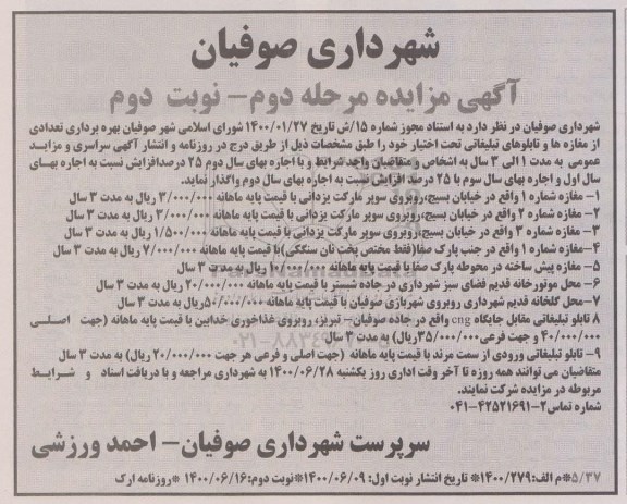 مزایده، مزایده بهره برداری تعدادی از مغازه ها و تابلوهای تبلیغاتی تحت اختیار - مرحله دوم نوبت دوم