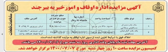 آگهی مزایده مزایده یکباب منزلی مسکونی و آپارتمان