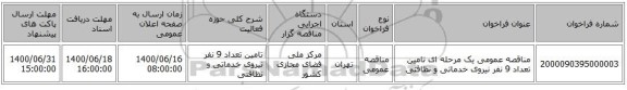 مناقصه عمومی یک مرحله ای تامین تعداد 9 نفر نیروی خدماتی و نظافتی