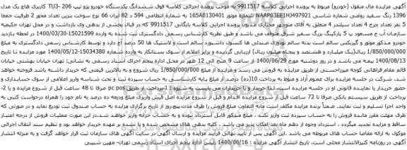 آگهی مزایده ششدانگ یکدستگاه خودرو پژو تیپ TU3- 206