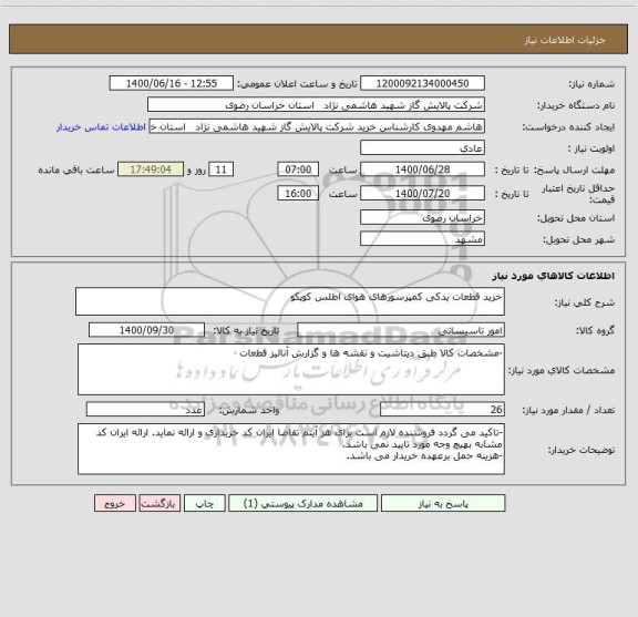 استعلام خرید قطعات یدکی کمپرسورهای هوای اطلس کوپکو