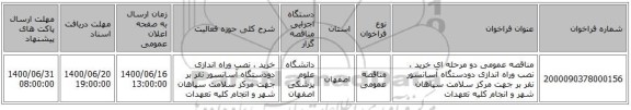 مناقصه عمومی دو مرحله ای خرید ، نصب وراه اندازی دودستگاه آسانسور نفر بر جهت مرکز سلامت سپاهان شهر و انجام کلیه تعهدات