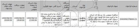 مناقصه عمومی یک مرحله ای اجرای نما و فریم پنجره ها فچهار چوب و پاگرد دربهای آهنی ورودی آزمایشگاه مرکزی و مرکز مشاوره شهرستان برخوار به روش سرجمع