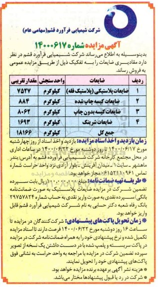 مزایده، مزایده ضایعات شرینگ