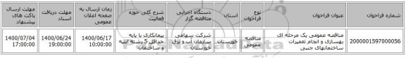 مناقصه عمومی یک مرحله ای بهسازی و انجام تعمیرات ساختمانهای جنبی