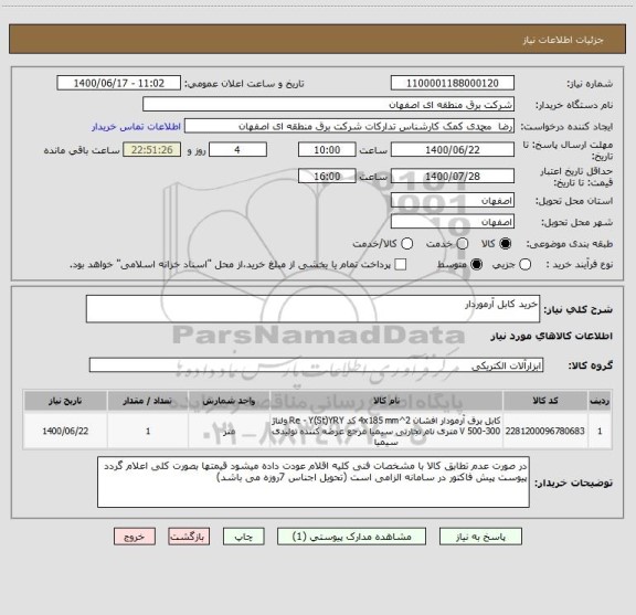 استعلام خرید کابل آرموردار 