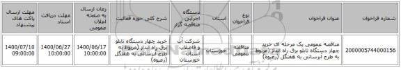 مناقصه عمومی یک مرحله ای خرید چهار دستگاه تابلو برق راه انداز (مربوط به طرح آبرسانی به  هفتگل (رغیوه) 