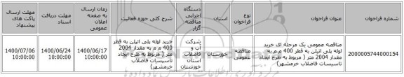 مناقصه عمومی یک مرحله ای خرید  لوله پلی اتیلن به قطر 400 م م  به مقدار 2004 متر ( مربوط به طرح ایجاد تاسیسات فاضلاب خرمشهر)