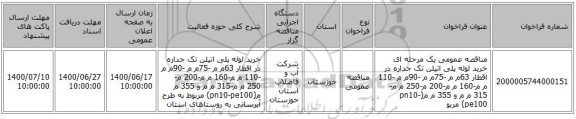مناقصه عمومی یک مرحله ای خرید لوله پلی اتیلن تک جداره در اقطار  63م م -75م م -90م م -110  م م-160 م م-200 م-250 م م-315 م م و 355 م م(pn10-pe100) مربو
