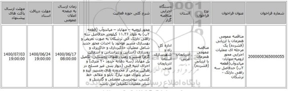 مناقصه عمومی همزمان با ارزیابی (فشرده) یک مرحله ای عملیات اجرایی محور ارومیه-مهاباد-میاندوآب(قطعه ۲ب) حدفاصل سه راهی دارلک -ترشکان