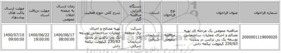 مناقصه عمومی یک مرحله ای تهیه مصالح و اجرای عملیات ساختمانی توسعه یک بی ترانس در پست 230/63 کیلوولت تیکمه داش
