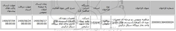 مناقصه عمومی دو مرحله ای تعمیرات دوره ای (اورهال)سیستم های جانبی واحد بخار نیروگاه سیکل ترکیبی