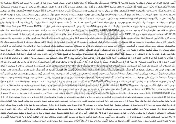 آگهی مزایده ششدانگ یکدستگاه آپارتمان واقع درجنوب شرق طبقه سوم بلو ک جنوبی به مساحت 83/90 مترمربع
