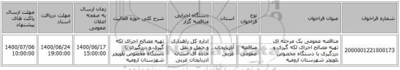 مناقصه عمومی یک مرحله ای تهیه مصالح اجرای لکه گیری و درزگیری با دستگاه مخصوص بلوپچر شهرستان ارومیه ‏‏‏‏