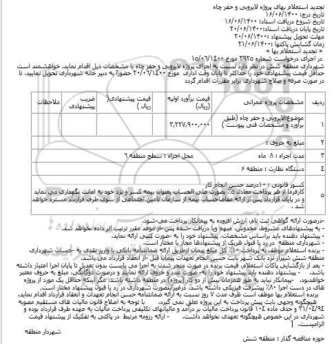 تجدید استعلام بهای پروژه لایروبی و حفر چاه