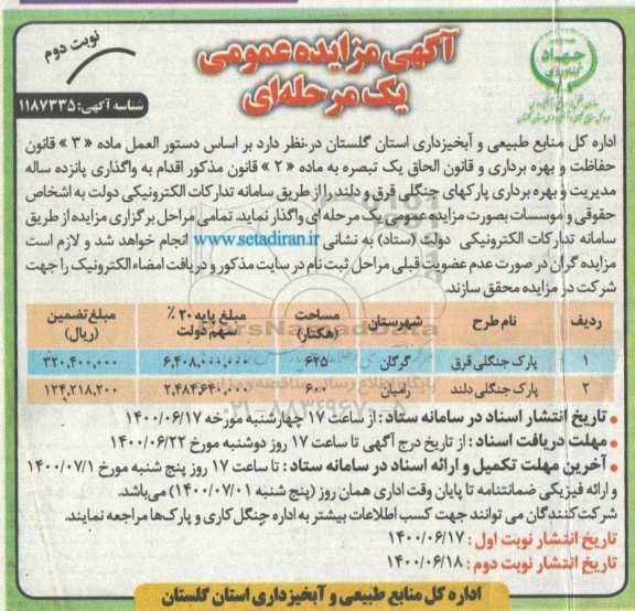 مزایده واگذاری پانزده ساله مدیریت و بهره برداری پارک های جنگلی- نوبت دوم