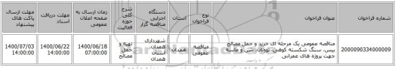 مناقصه عمومی یک مرحله ای خرید و حمل مصالح بیس، سنگ شکسته کوهی، توونان، شن و ماسه جهت پروژه های عمرانی