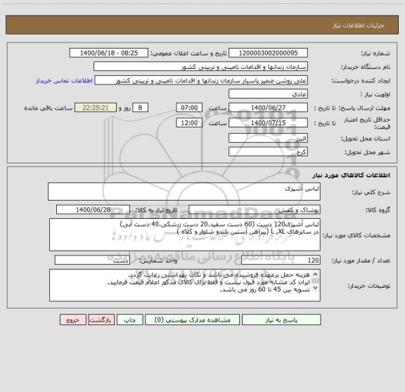 استعلام لباس آشپزی