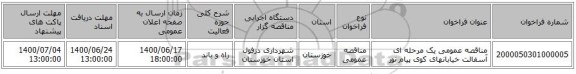 مناقصه عمومی یک مرحله ای آسفالت خیابانهای کوی پیام نور 