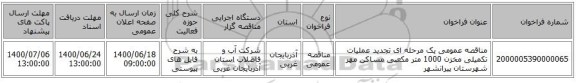 مناقصه عمومی یک مرحله ای تجدید عملیات تکمیلی مخزن 1000 متر مکعبی مساکن مهر شهرستان پیرانشهر
