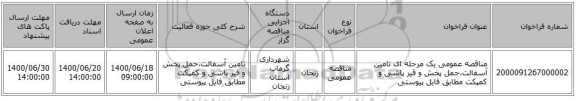 مناقصه عمومی یک مرحله ای تامین آسفالت،حمل پخش و قیر پاشی و کمپکت مطابق فایل پیوستی