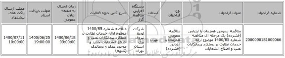 مناقصه عمومی همزمان با ارزیابی (فشرده) یک مرحله ای مناقصه شماره 1400/85 موضوع ارائه خدمات نظارت بر عملکرد پیمانکاران نصب و اصلاح انشعابات 