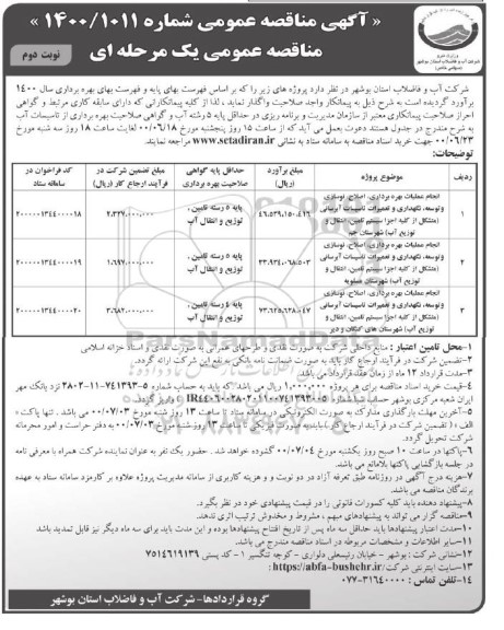مناقصه  انجام عملیات بهره برداری اصلاح نوسازی و توسعه نگهداری و تعمیرات تاسیسات آبرسانی و... نوبت دوم 