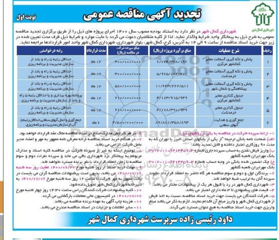 تجدید مناقصه، تجدید مناقصه پخش و لکه گیری آسفالت معابر ...