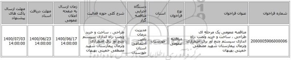 مناقصه عمومی یک مرحله ای  طراحی ، ساخت و خرید  ونصب ،راه اندازی  سیستم چنج آور برق اضطراری   ونرمال بیمارستان شهید مصطفی خمینی بهبهان 