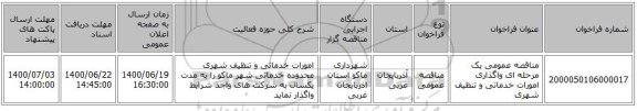 مناقصه عمومی یک مرحله ای واگذاری امورات خدماتی و تنظیف شهری