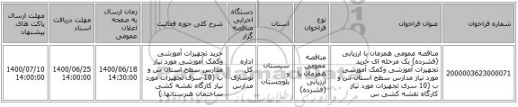 مناقصه عمومی همزمان با ارزیابی (فشرده) یک مرحله ای خرید تجهیزات آموزشی وکمک آموزشی مورد نیاز مدارس سطح استان س و ب (10 سری تجهیزات مورد نیاز کارگاه نقشه کشی س