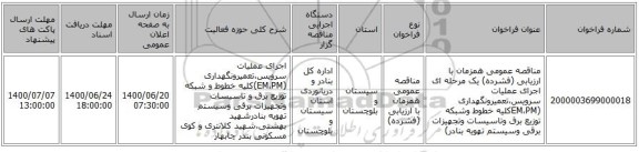 مناقصه عمومی همزمان با ارزیابی (فشرده) یک مرحله ای اجرای عملیات سرویس،تعمیرونگهداری (EM،PMکلیه خطوط وشبکه توزیع برق وتاسیسات وتجهیزات برقی وسیستم تهویه بنادر)