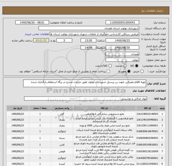 استعلام تهیه اقلام مصرفی جهت بن پرسنل شهرداری نهاوند طبق جزئیات مندرج در برگه استعلام بارگذاری شده